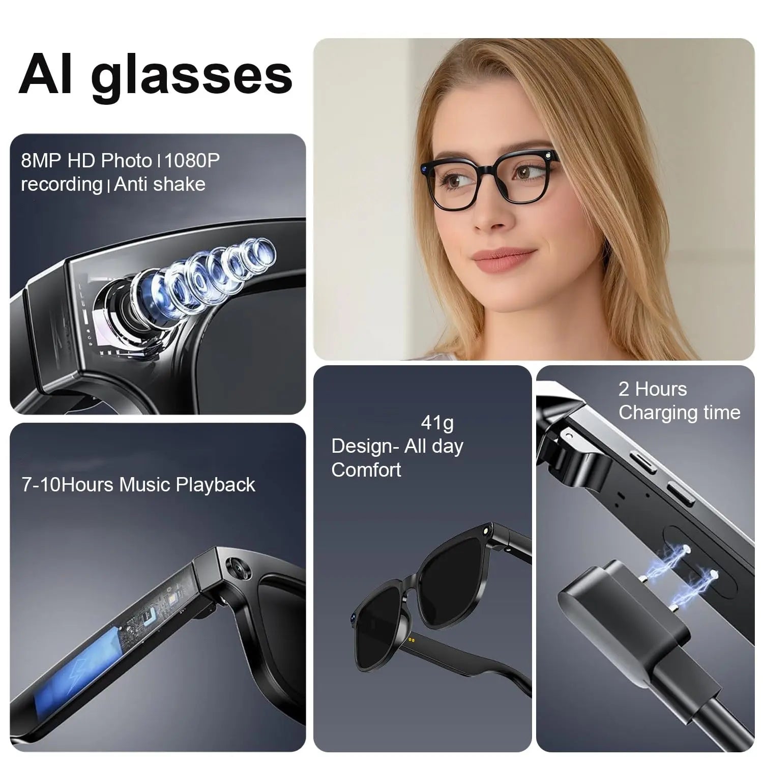 Smart AI Glasses with Camera, 8MP HD Camera, 1080P Video Recording, Real Time Translation, Voice Assistant, Wireless Eyewear for Travel/Meetings/Vlog, Multifunctional Smart Glasses